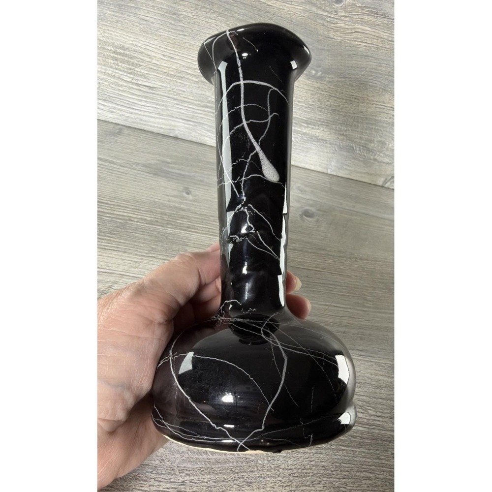 Vintage Brush McCoy #070  Black W/ White Chromaveil Spider Web Vase MCM USA 7"
